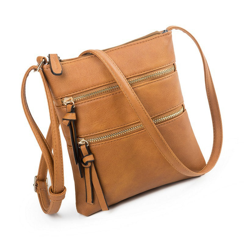 Brown Compact Women's Crossbody Bag - Adjustable Strap, Double Zipper Closure, 18x21cm Lightweight PU Leather Shoulder Bag