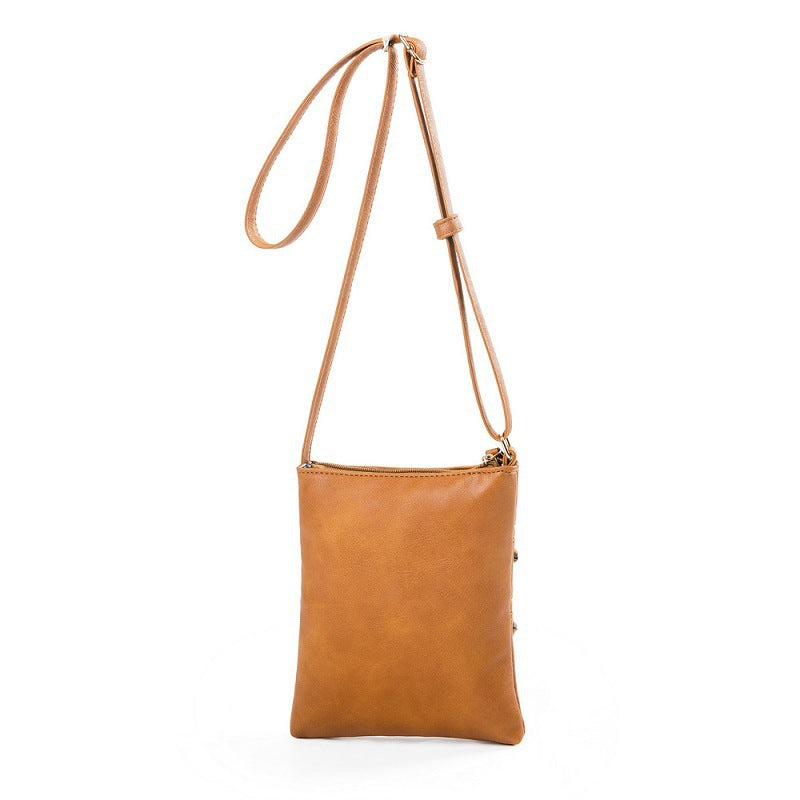 Brown Compact Women's Crossbody Bag - Adjustable Strap, Double Zipper Closure, 18x21cm Lightweight PU Leather Shoulder Bag