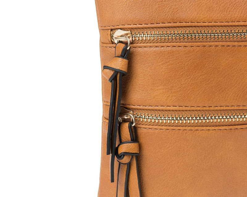 Brown Compact Women's Crossbody Bag - Adjustable Strap, Double Zipper Closure, 18x21cm Lightweight PU Leather Shoulder Bag