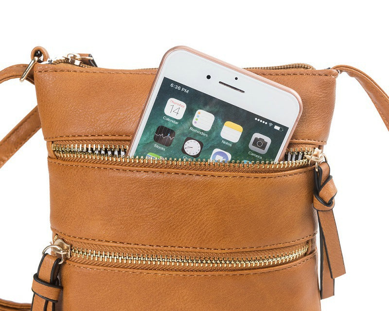 Brown Compact Women's Crossbody Bag - Adjustable Strap, Double Zipper Closure, 18x21cm Lightweight PU Leather Shoulder Bag