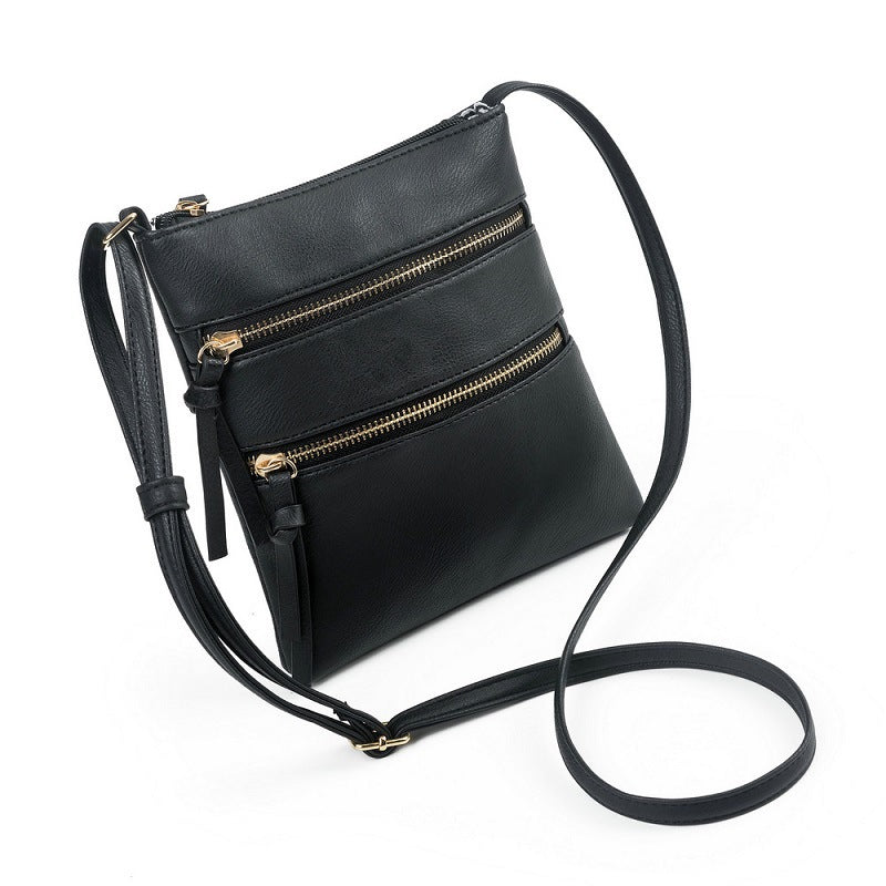 Black Compact Women's Crossbody Bag - Adjustable Strap, Double Zipper Closure, 18x21cm Lightweight PU Leather Shoulder Bag