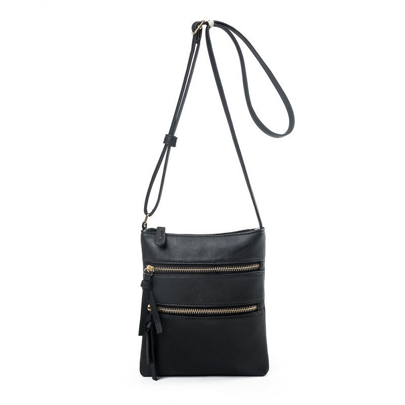 Black Compact Women's Crossbody Bag - Adjustable Strap, Double Zipper Closure, 18x21cm Lightweight PU Leather Shoulder Bag