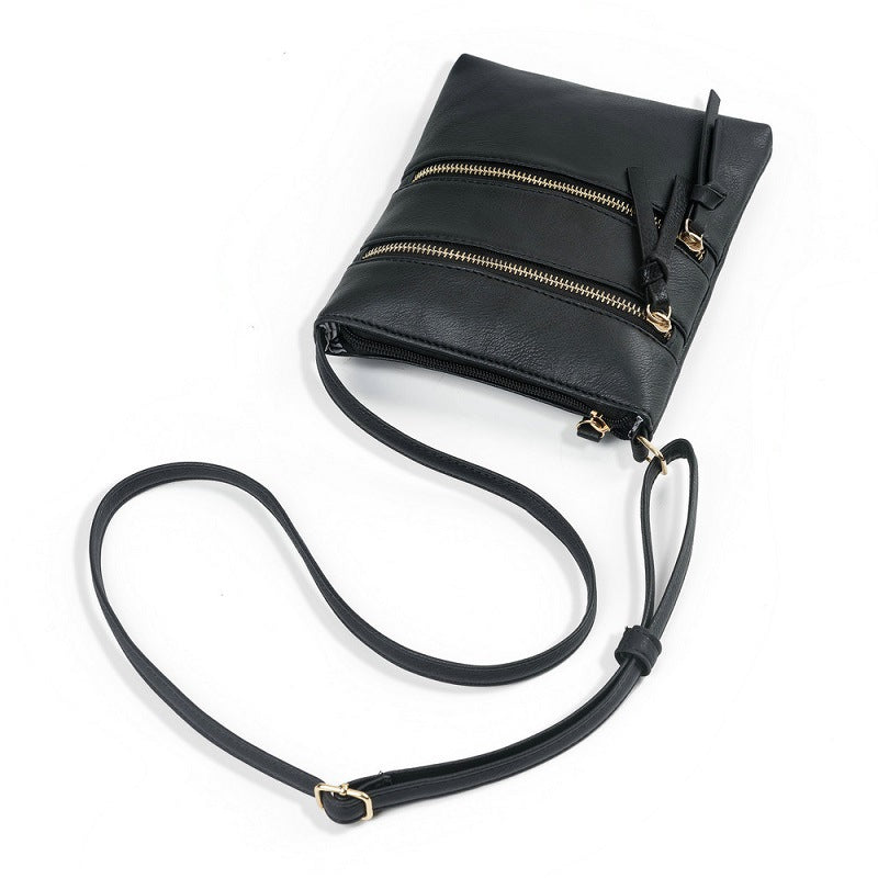 Black Compact Women's Crossbody Bag - Adjustable Strap, Double Zipper Closure, 18x21cm Lightweight PU Leather Shoulder Bag