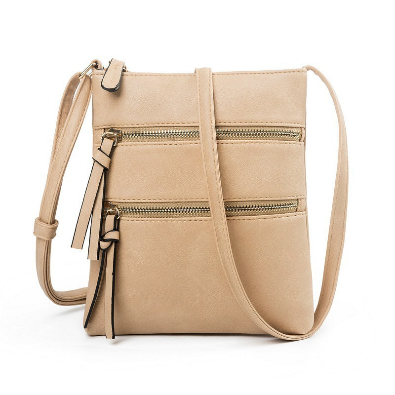 Light khaki Compact Women's Crossbody Bag - Adjustable Strap, Double Zipper Closure, 18x21cm Lightweight PU Leather Shoulder Bag