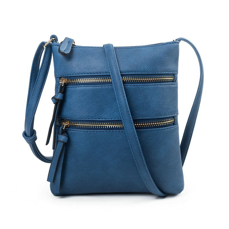 Dark Blue Compact Women's Crossbody Bag - Adjustable Strap, Double Zipper Closure, 18x21cm Lightweight PU Leather Shoulder Bag