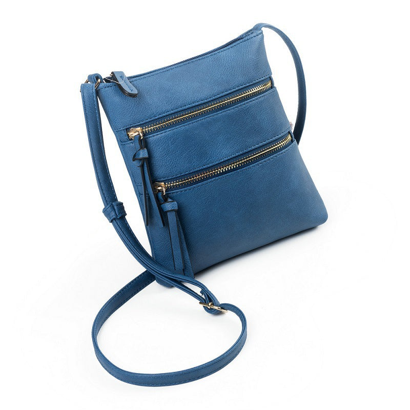 Dark Blue Compact Women's Crossbody Bag - Adjustable Strap, Double Zipper Closure, 18x21cm Lightweight PU Leather Shoulder Bag