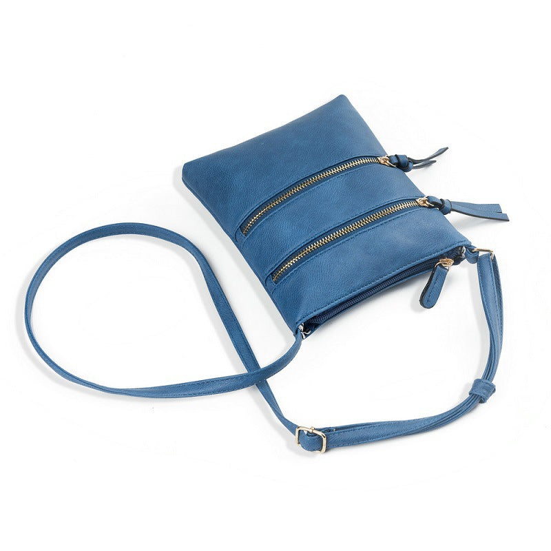 Dark Blue Compact Women's Crossbody Bag - Adjustable Strap, Double Zipper Closure, 18x21cm Lightweight PU Leather Shoulder Bag