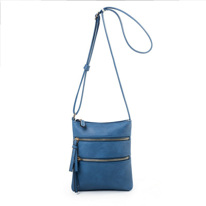 Dark Blue Compact Women's Crossbody Bag - Adjustable Strap, Double Zipper Closure, 18x21cm Lightweight PU Leather Shoulder Bag