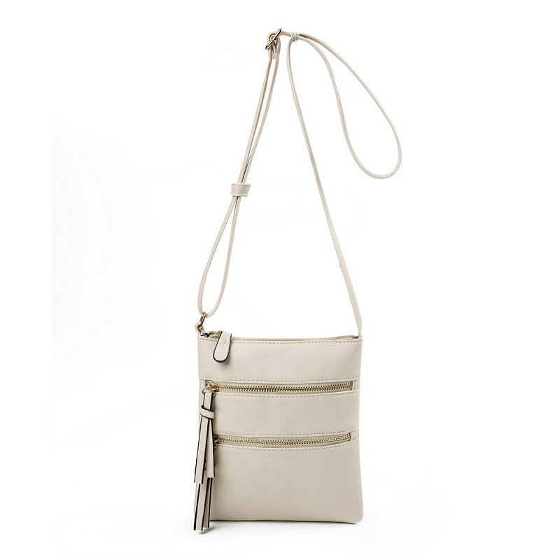 Beige Compact Women's Crossbody Bag - Adjustable Strap, Double Zipper Closure, 18x21cm Lightweight PU Leather Shoulder Bag