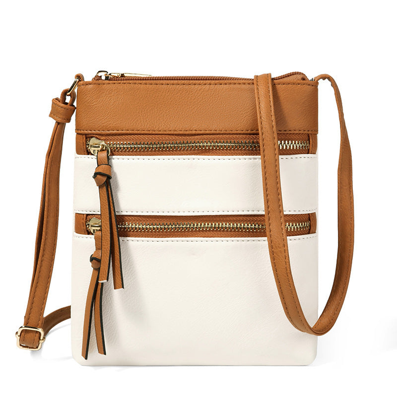 Brown and White Compact Women's Crossbody Bag - Adjustable Strap, Double Zipper Closure, 18x21cm Lightweight PU Leather Shoulder Bag