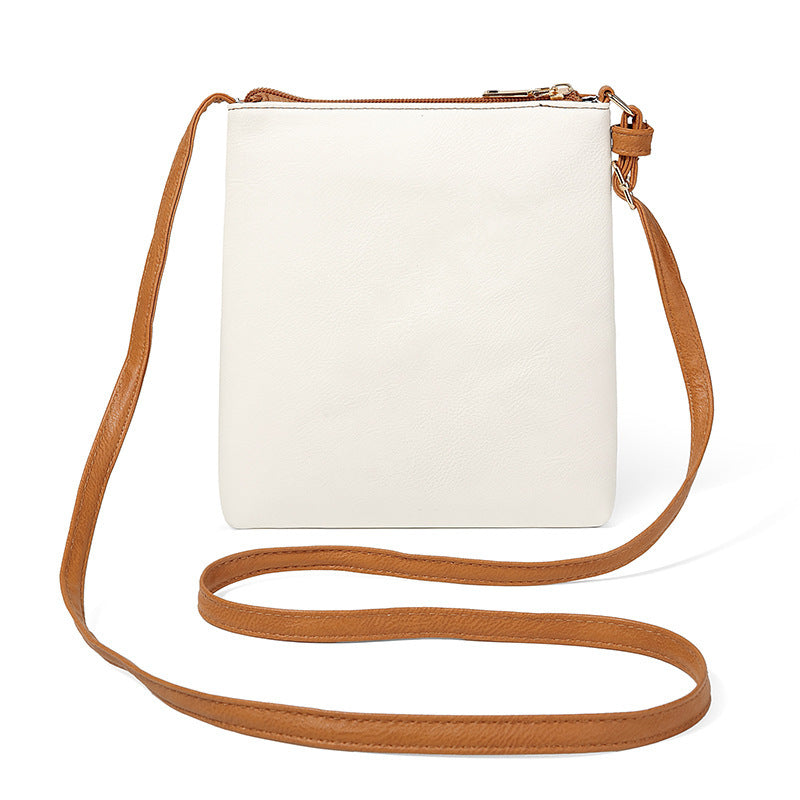Brown and White Compact Women's Crossbody Bag - Adjustable Strap, Double Zipper Closure, 18x21cm Lightweight PU Leather Shoulder Bag