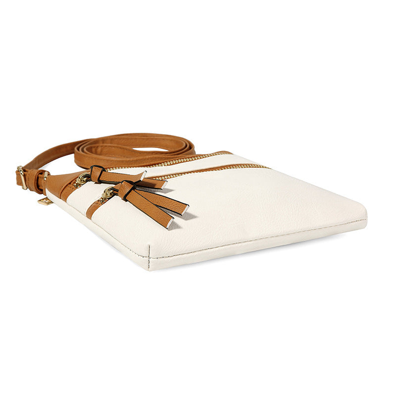 Brown and White Compact Women's Crossbody Bag - Adjustable Strap, Double Zipper Closure, 18x21cm Lightweight PU Leather Shoulder Bag