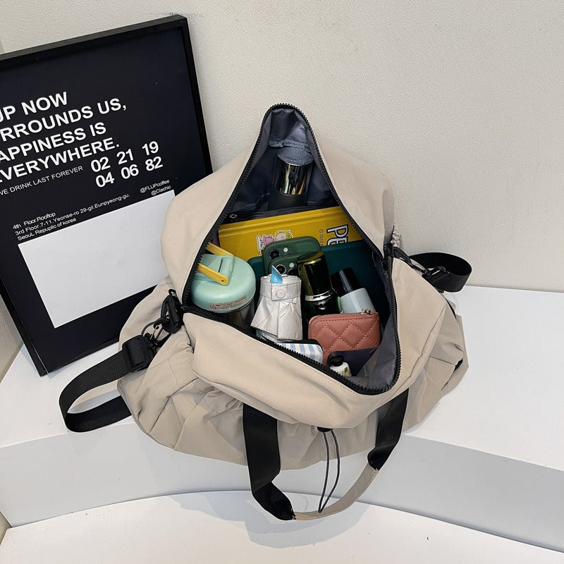 Beige and Black Large Capacity Travel Bag with Wet/Dry Separation - Canvas + Polyester, Lightweight Handbag for Short Trips and Fitness, Fits on Luggage