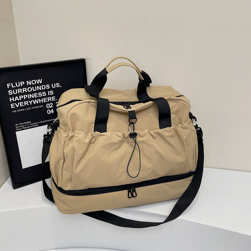 khaki and Black Large Capacity Travel Bag with Wet/Dry Separation - Canvas + Polyester, Lightweight Handbag for Short Trips and Fitness, Fits on