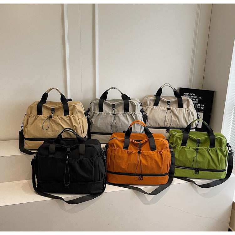 khaki and Black Large Capacity Travel Bag with Wet/Dry Separation - Canvas + Polyester, Lightweight Handbag for Short Trips and Fitness, Fits on Luggage