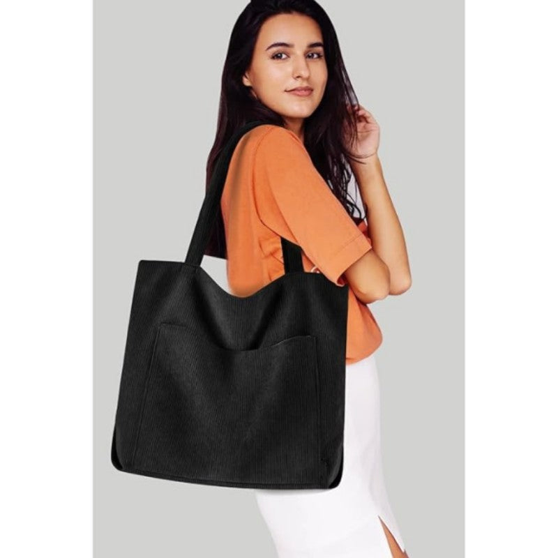 White Stylish Corduroy Canvas Tote Bag - Fashionable and Retro Shoulder Bag