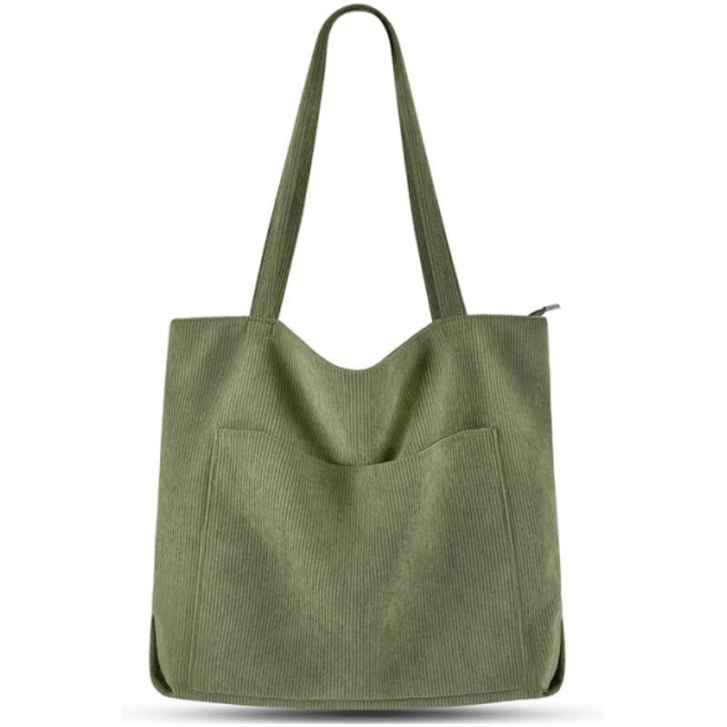 Green Stylish Corduroy Canvas Tote Bag - Fashionable and Retro Shoulder Bag