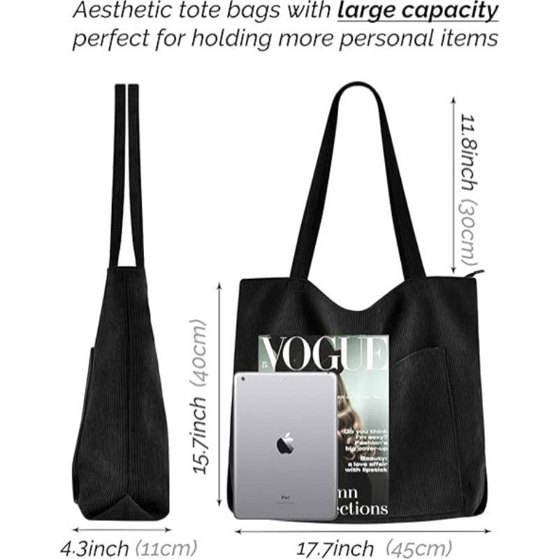 Green Stylish Corduroy Canvas Tote Bag - Fashionable and Retro Shoulder Bag