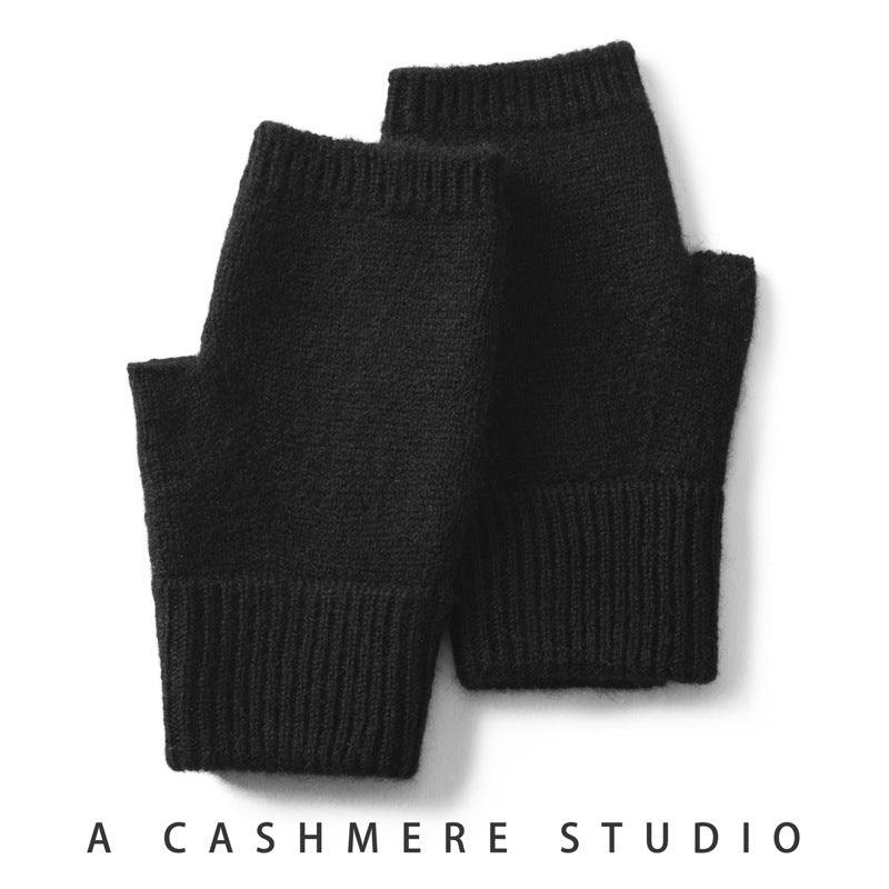 Black Color Block Cashmere Fingerless Gloves for Women Autumn Winter Outdoor Cold Protection Warm Knitted Gloves