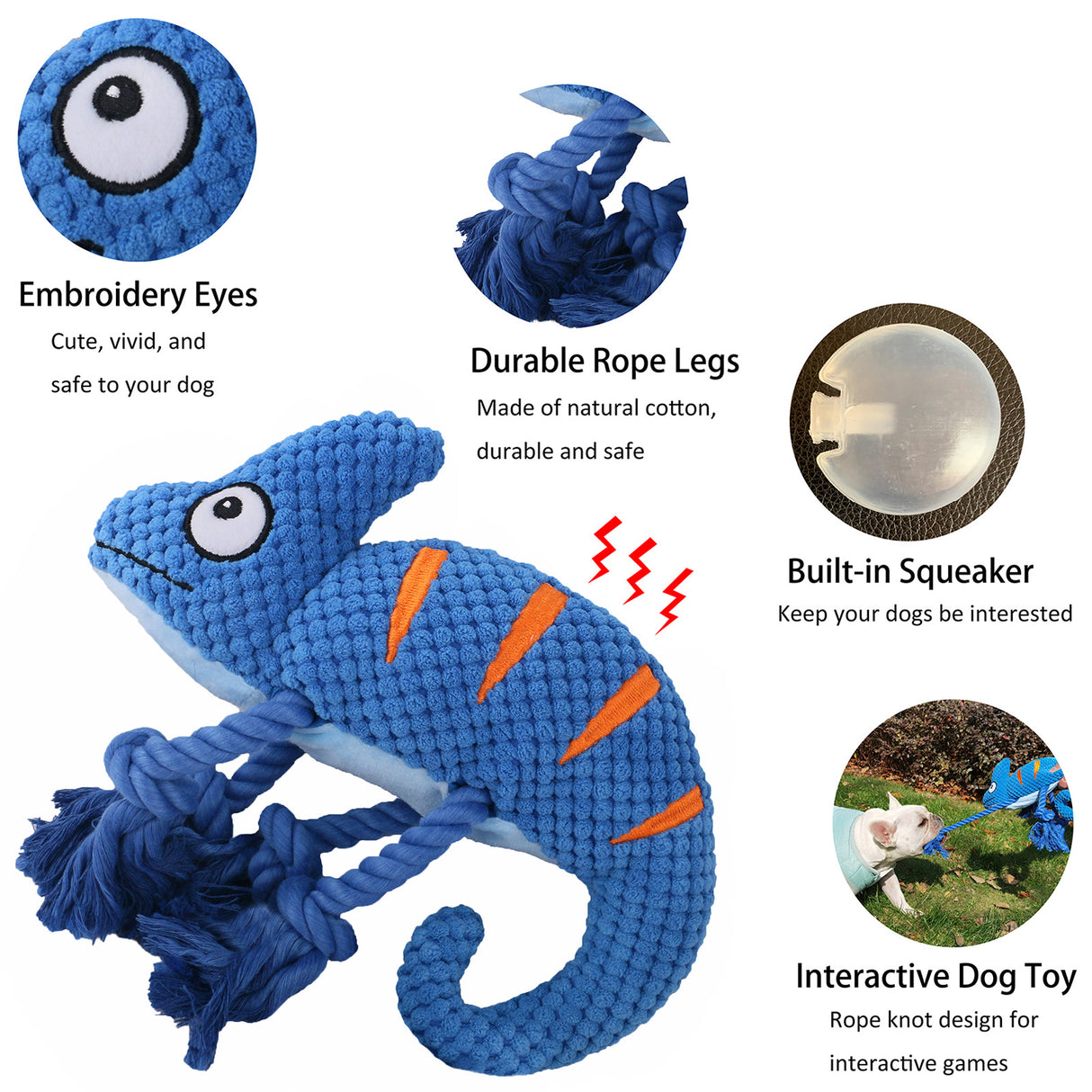 2 Pcs Blue Interactive Plush Chameleon Dog Toy with Squeaker & Rope Legs - Durable Chew Toy for Medium/Large Dogs, Teeth Cleaning Texture, Machine Washable (10.2in)