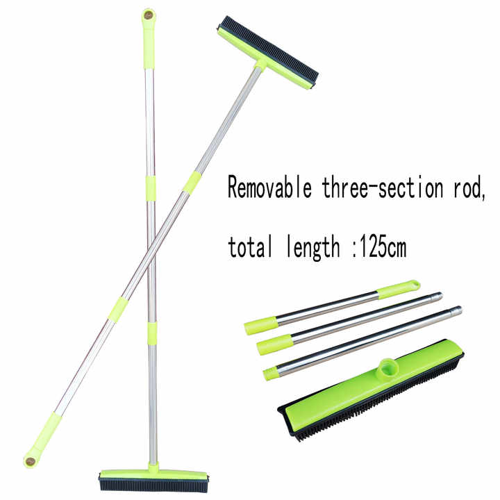 Green and Silver Versatile Pet Hair Remover Rubber Broom & Squeegee - 125cm Adjustable Stainless Steel Handle for Carpets, Floors & Windows