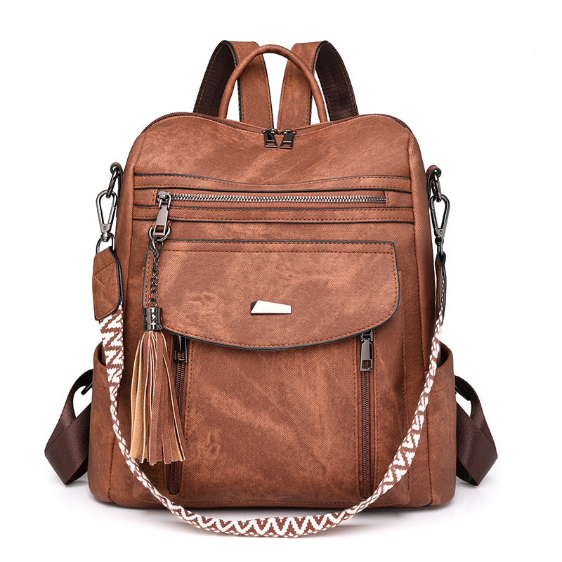 Brown Chic Women's PU Leather Convertible Backpack - Anti-Theft Design, Multi-Pocket Shoulder Bag with Tassel