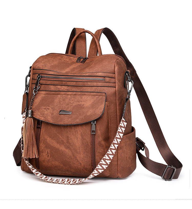 Black Chic Women's PU Leather Convertible Backpack - Anti-Theft Design, Multi-Pocket Shoulder Bag with Tassel