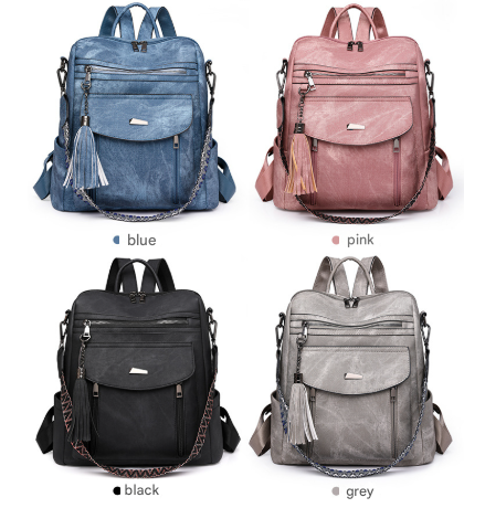 Grey Chic Women's PU Leather Convertible Backpack - Anti-Theft Design, Multi-Pocket Shoulder Bag with Tassel