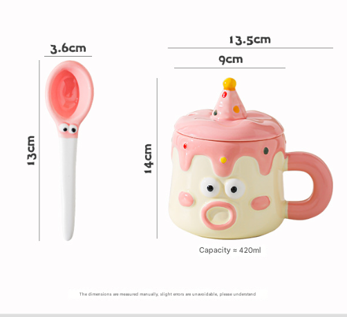 Pink Adorable Cartoon Character Ceramic Mug Set - 420ml with Fun Cake Design Lid & Matching Spoon - Perfect Gift