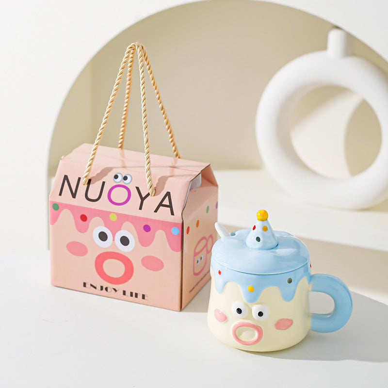 Blue Adorable Cartoon Character Ceramic Mug Set - 420ml with Fun Cake Design Lid & Matching Spoon - Perfect Gift