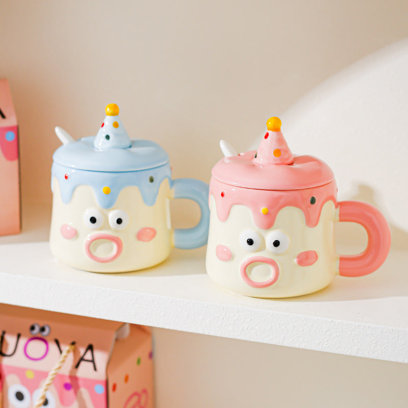 Blue Adorable Cartoon Character Ceramic Mug Set - 420ml with Fun Cake Design Lid & Matching Spoon - Perfect Gift