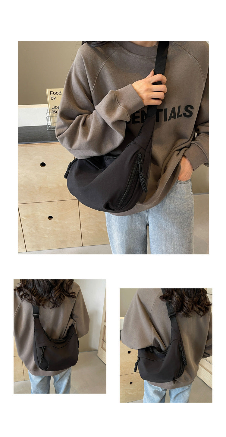 Black Large Nylon Crescent Crossbody Bag - Casual Slouchy Shoulder Purse