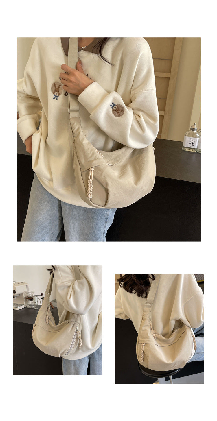 Beige Large Nylon Crescent Crossbody Bag - Casual Slouchy Shoulder Purse