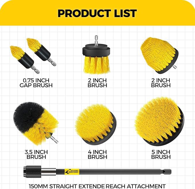 Yellow and Black 6 Pack Drill Brush Power Scrubber Cleaning Brush Extended Long Attachment Set All Purpose Drill Scrub Brushes Kit for Grout, Floor, Tub, Shower, Tile, Bathroom and Kitchen Surface