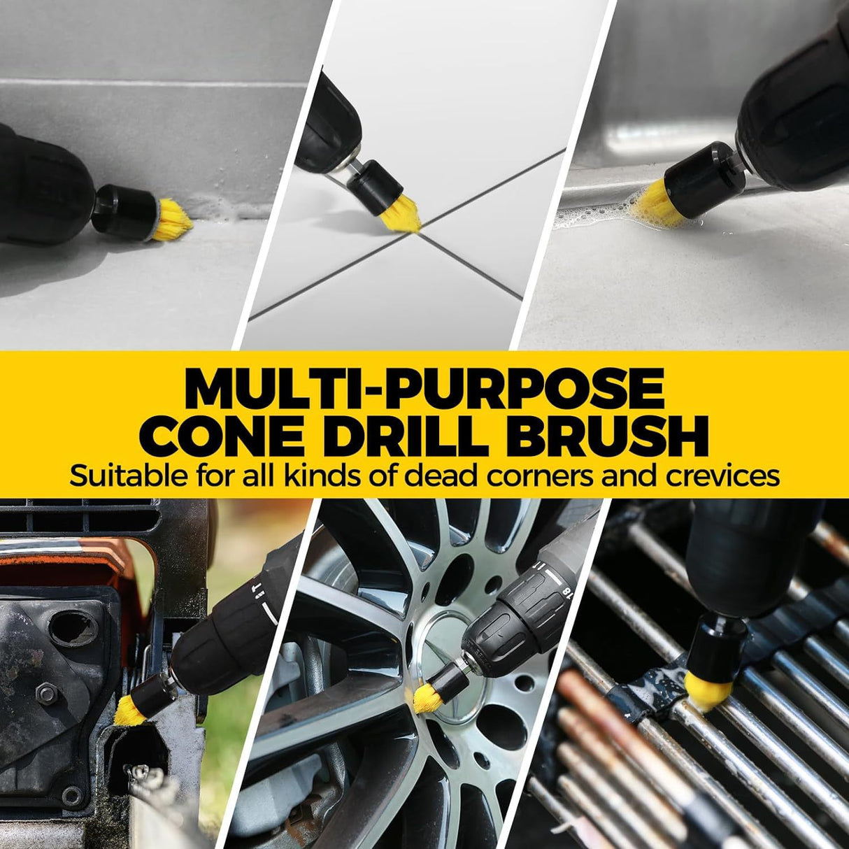 Yellow and Black 6 Pack Drill Brush Power Scrubber Cleaning Brush Extended Long Attachment Set All Purpose Drill Scrub Brushes Kit for Grout, Floor, Tub, Shower, Tile, Bathroom and Kitchen Surface