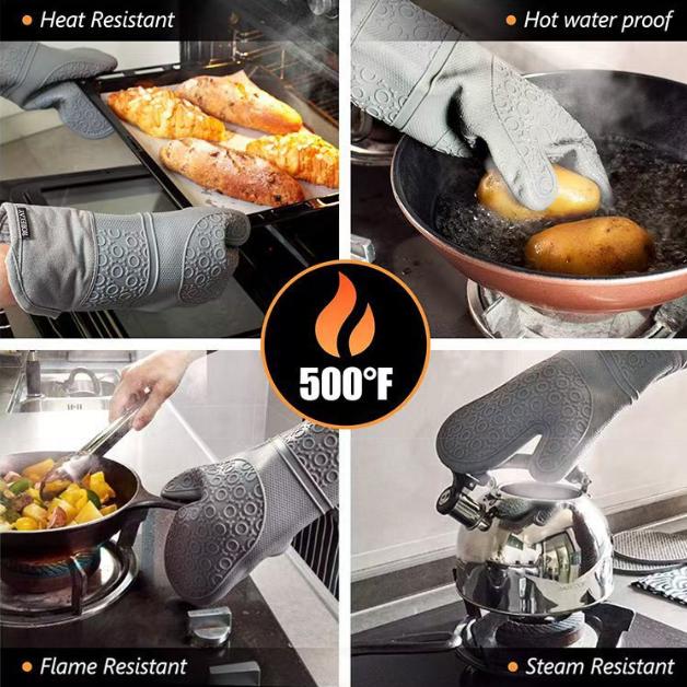 Grey 6-Piece Silicone Oven Mitts and Pot Holders Set - Extra Long Waterproof Heat Resistant Gloves with Non-Slip Grip for Kitchen Baking BBQ