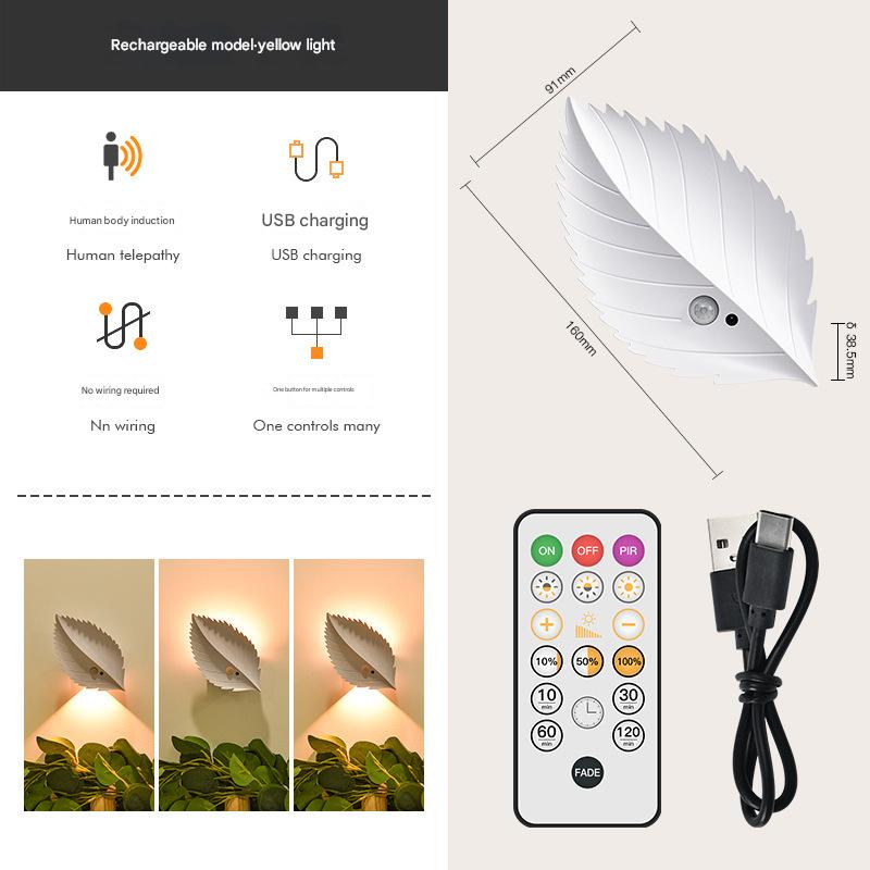 White Leaf-Shaped LED Motion Sensor Night Light - USB Rechargeable Wireless Wall Lamp with Remote Control