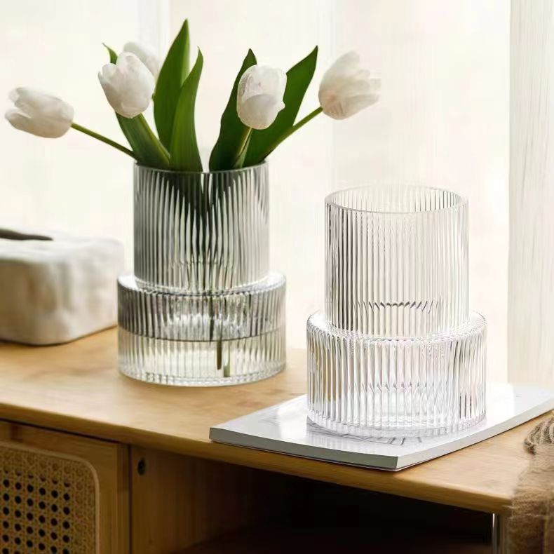 Grey Modern Two-Tier Ribbed Glass Vase - Elegant Cylindrical Flower Centrepiece for Home Decor