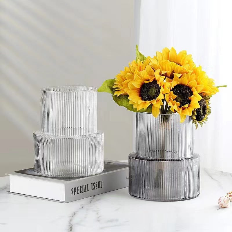 Pink Modern Two-Tier Ribbed Glass Vase - Elegant Cylindrical Flower Centrepiece for Home Decor