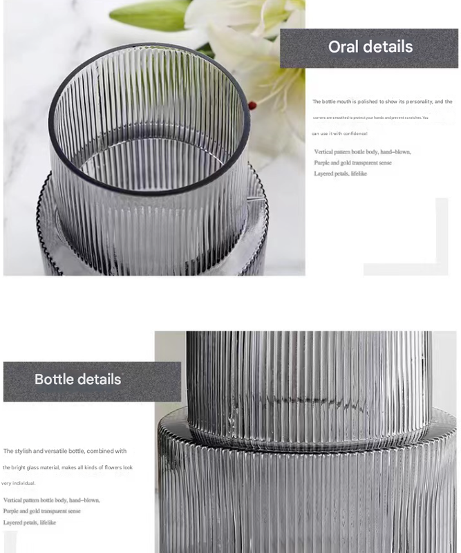 Pink Modern Two-Tier Ribbed Glass Vase - Elegant Cylindrical Flower Centrepiece for Home Decor