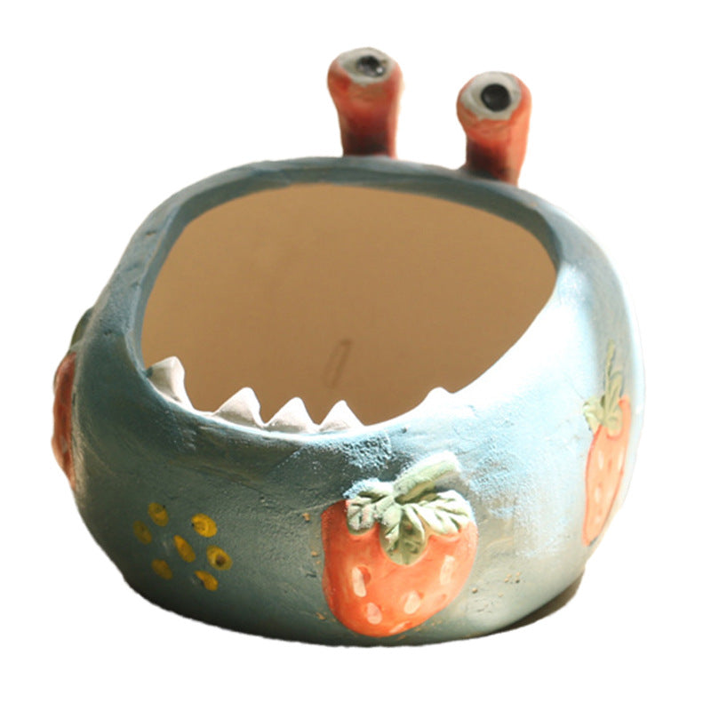 2 Pcs Blue Whimsical Monster Ceramic Succulent Planter - Hand-Painted Character Pot with Drainage