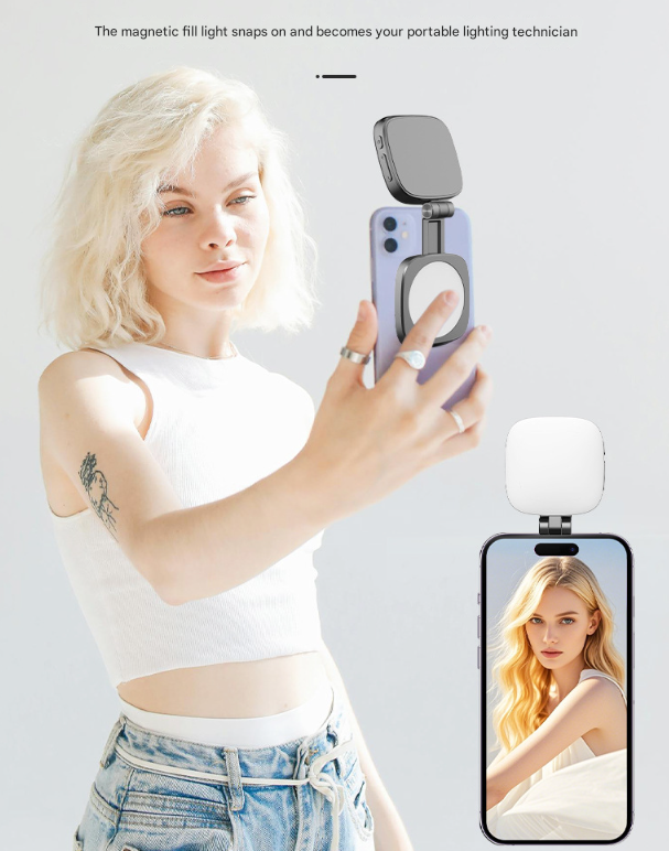 White Magnetic Foldable Selfie Light with Mirror - Rechargeable LED Fill Light for iPhone & Android Vlogging(Mobile phone is a shooting prop and is