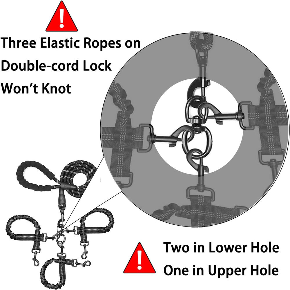 Black 3-in-1 Tangle-Free Dog Leash for 1-3 Dogs - Heavy Duty Bungee Coupler with Reflective Stitching & Padded Handle