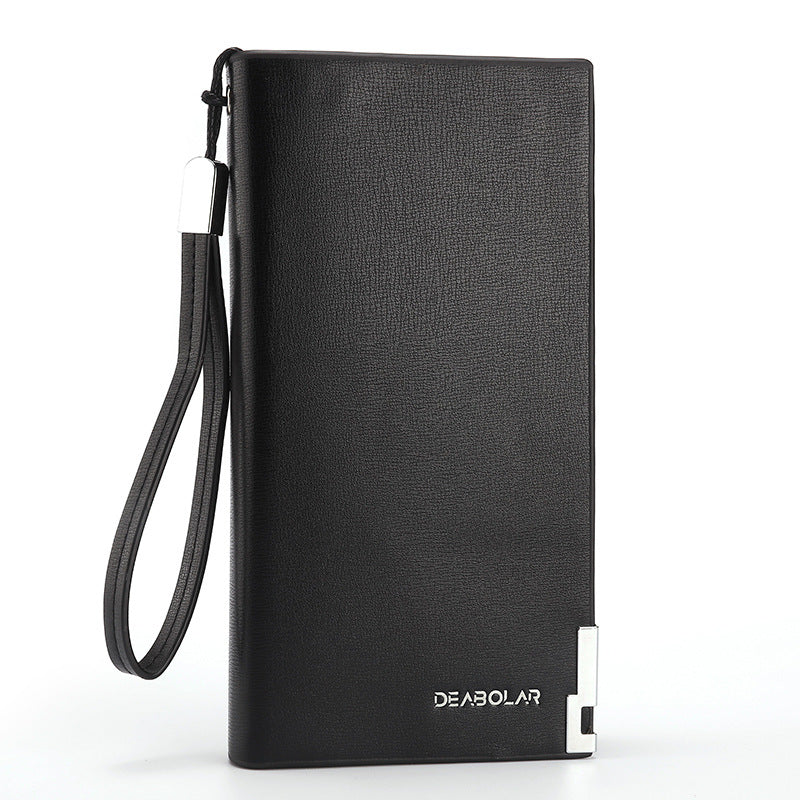Black Men's Business Casual Long Wallet Clutch - PU Leather Large Capacity Phone & Card Holder with Wrist Strap