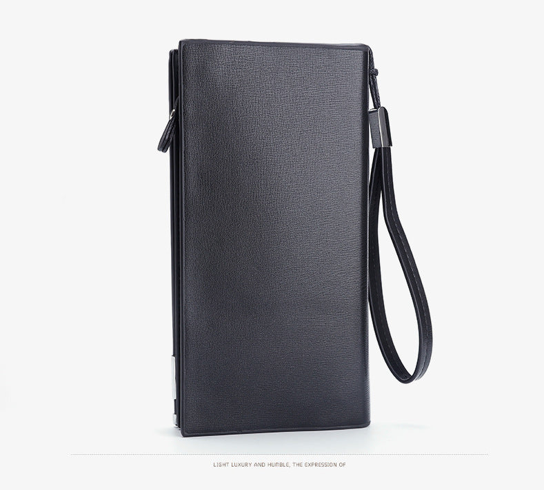 Black Men's Business Casual Long Wallet Clutch - PU Leather Large Capacity Phone & Card Holder with Wrist Strap
