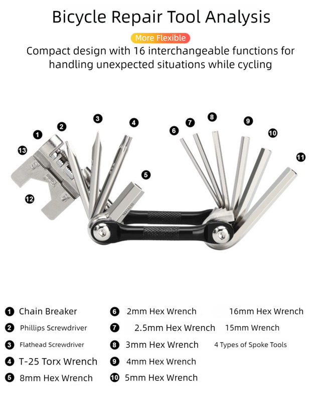 Black and Silver 16 in 1 Bicycle Repair Multi Tool - Compact Folding Bike Tool Kit with Chain Breaker for MTB Road Cycling