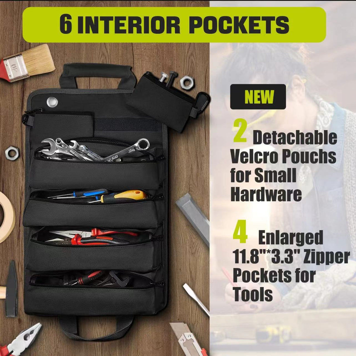 Black Heavy-Duty Tool Organizer Roll with Detachable Pouches