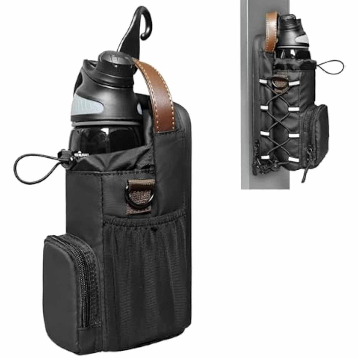 Waterproof Fitness Water Bottle Holder Bag with Adjustable Strap - Black Gym Crossbody