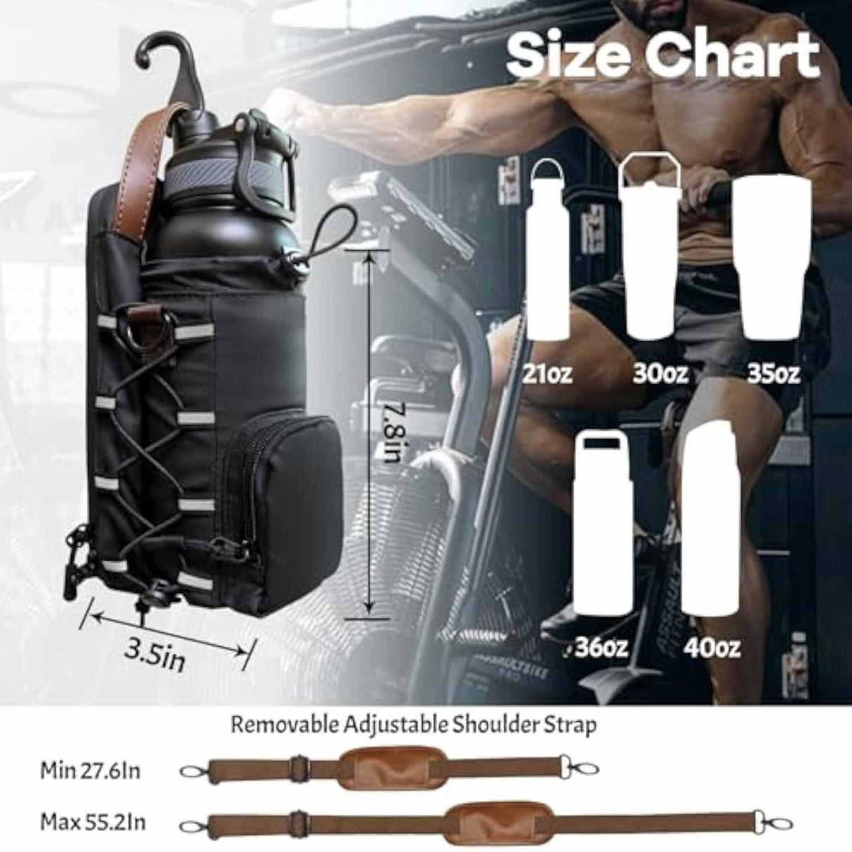 Waterproof Fitness Water Bottle Holder Bag with Adjustable Strap - Black Gym Crossbody