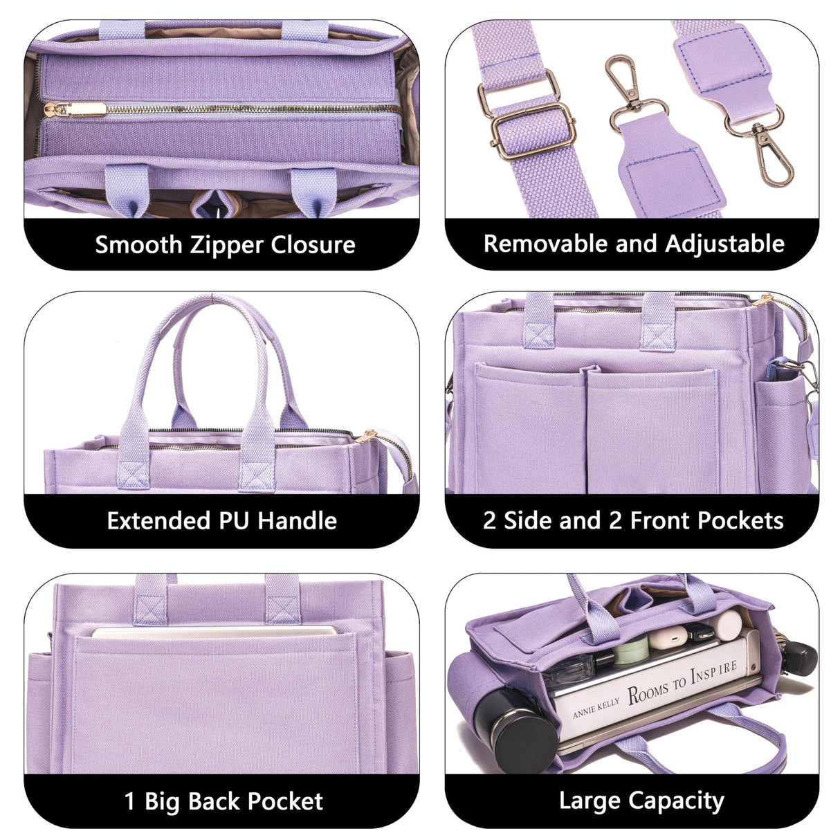 Blue Stylish Women's Large Canvas Tote Bag - 15.3in Laptop Mommy Bag with Crossbody Strap